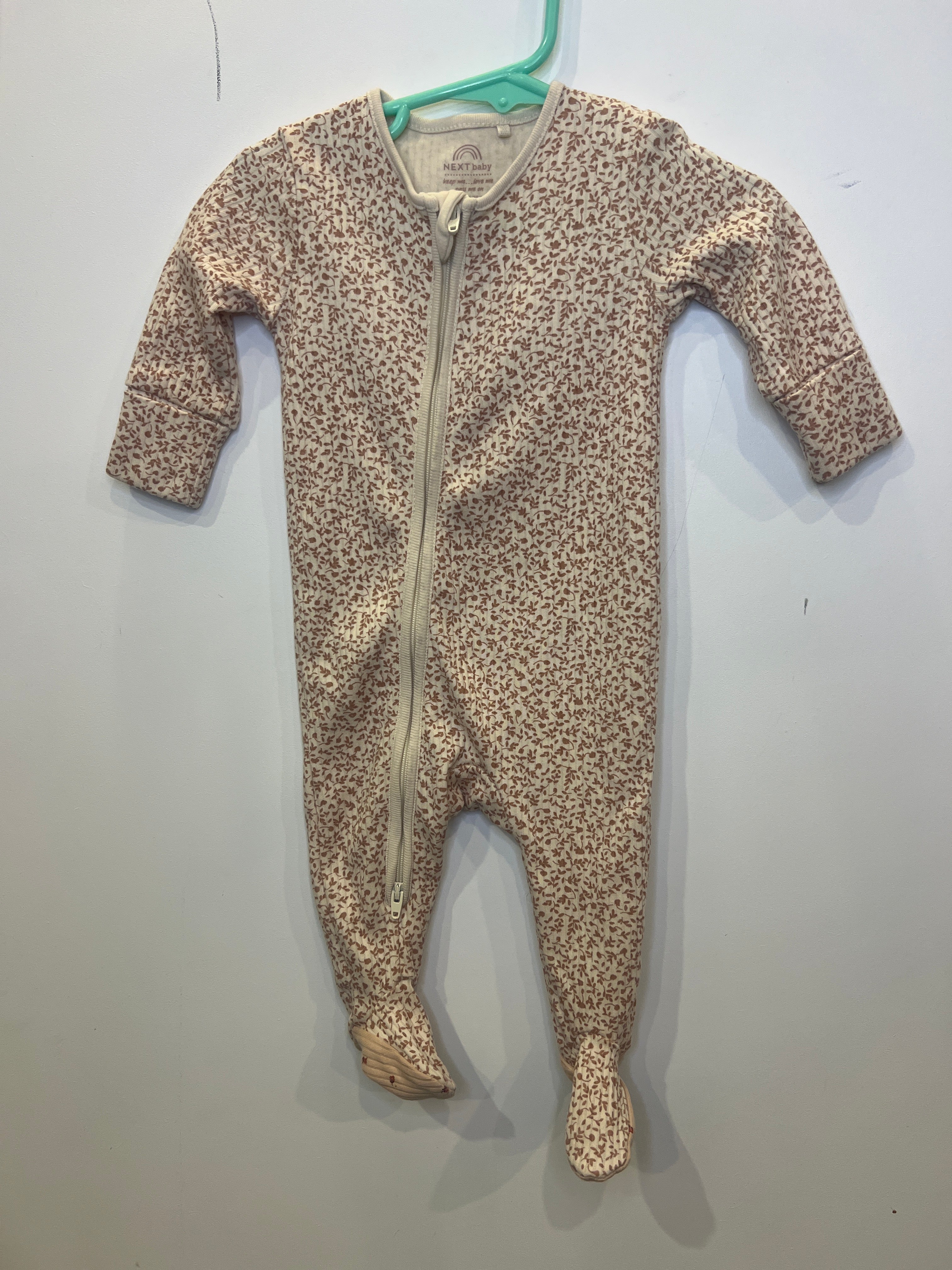 Next Baby (0-3 months) 100% Cotton Onesie - Beige/ leaf print