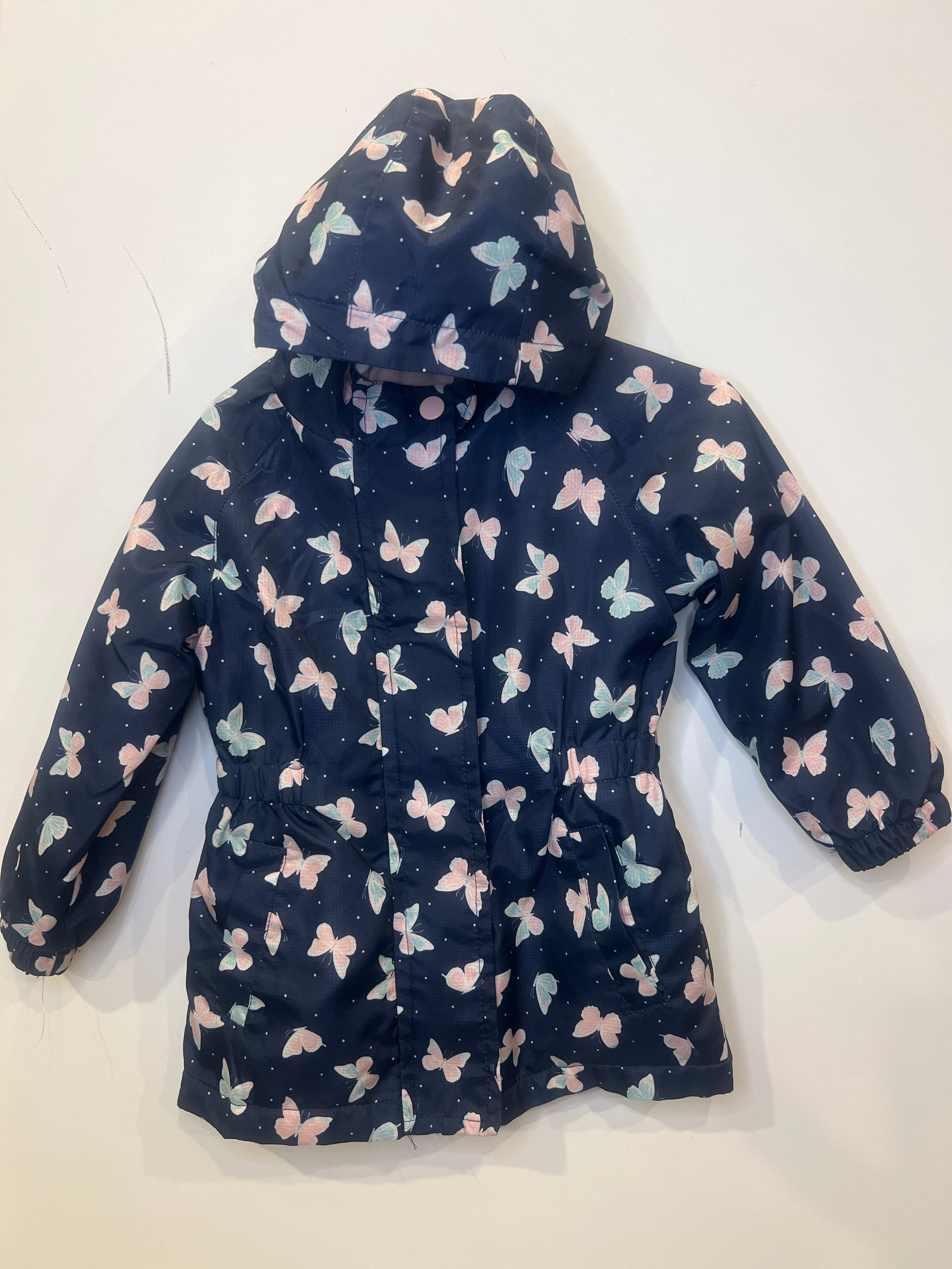 Primark (18-24m) Fleece Lined Rain Jacket - Longer Style - Navy with Butterfly Print