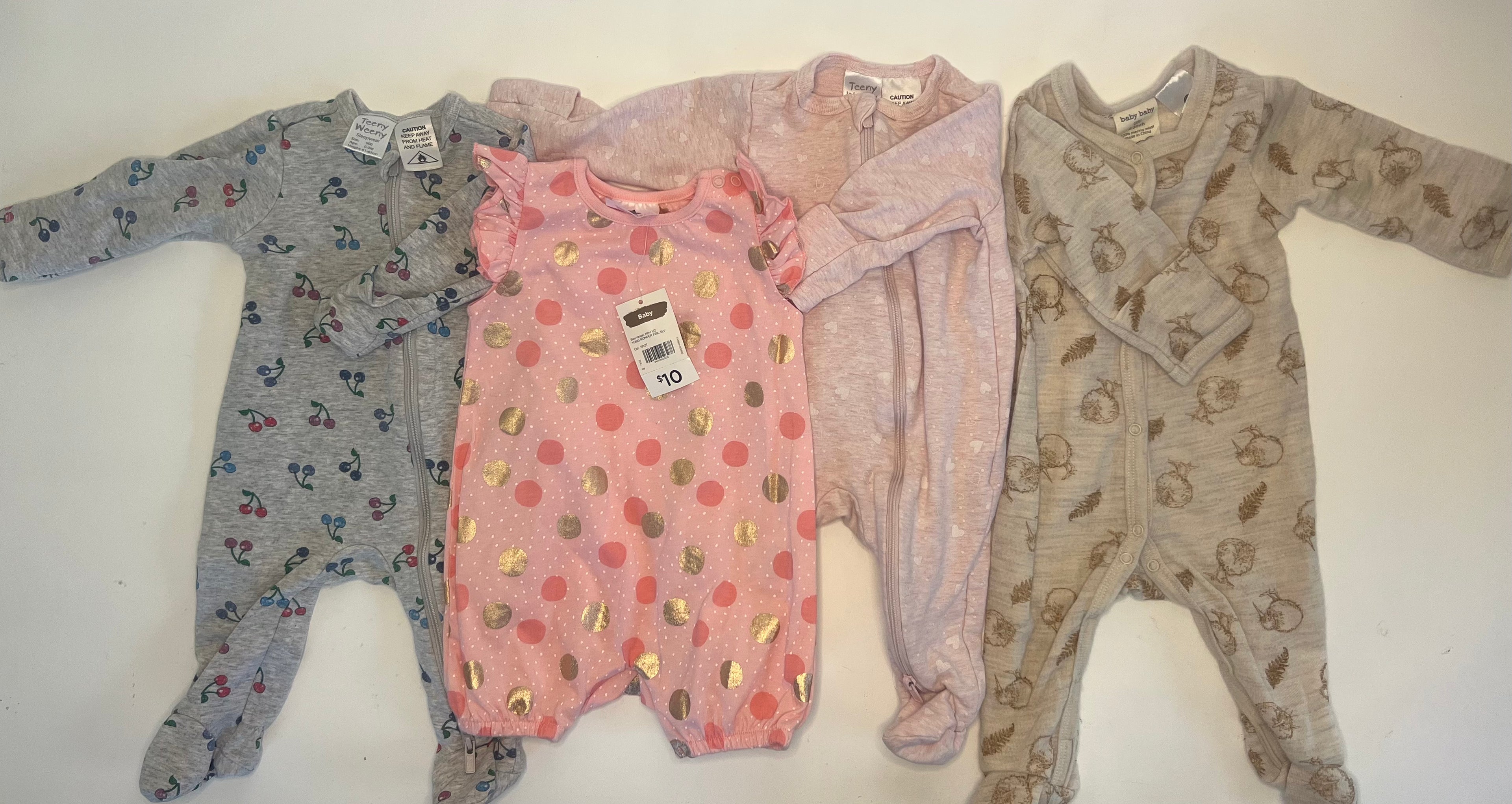 BUNDLE: 4 items, 2 cotton onesies, 1 merino onesie, 1 cotton romper (0-3months)