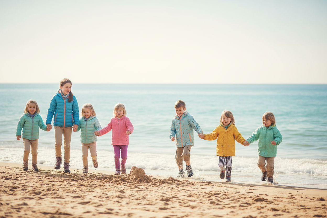 Kids and preteens playing on a beach